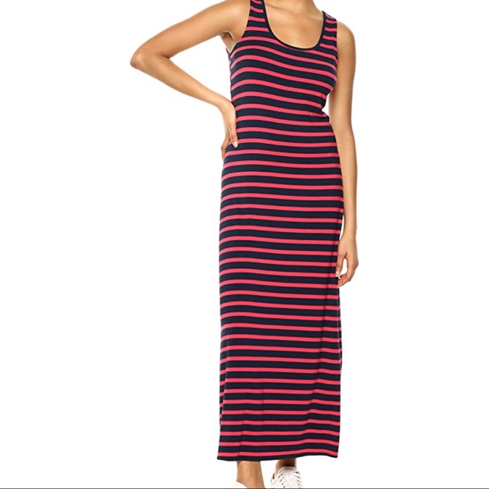 Tank style maxi dress navy and pink stripe